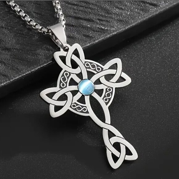 Stainless Steel Celtic Knot Cross Pendant Necklace Synthetic Blue Zircon… - Picture 1 of 3